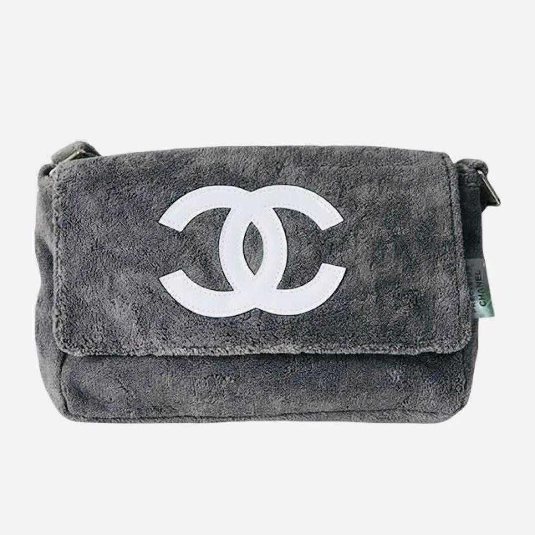 CHANEL シャネル ミニバッグ ポーチ チャコールグレー×ホワイトロゴ