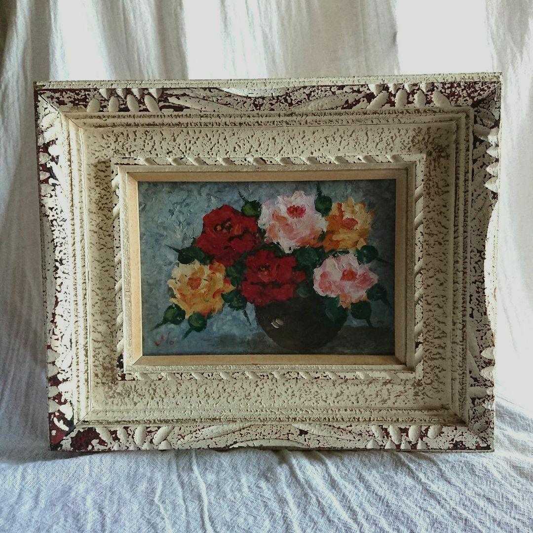 薔薇 古い 絵画 油彩 昭和レトロ 額縁 花 /アンティーク フランス 蚤の市