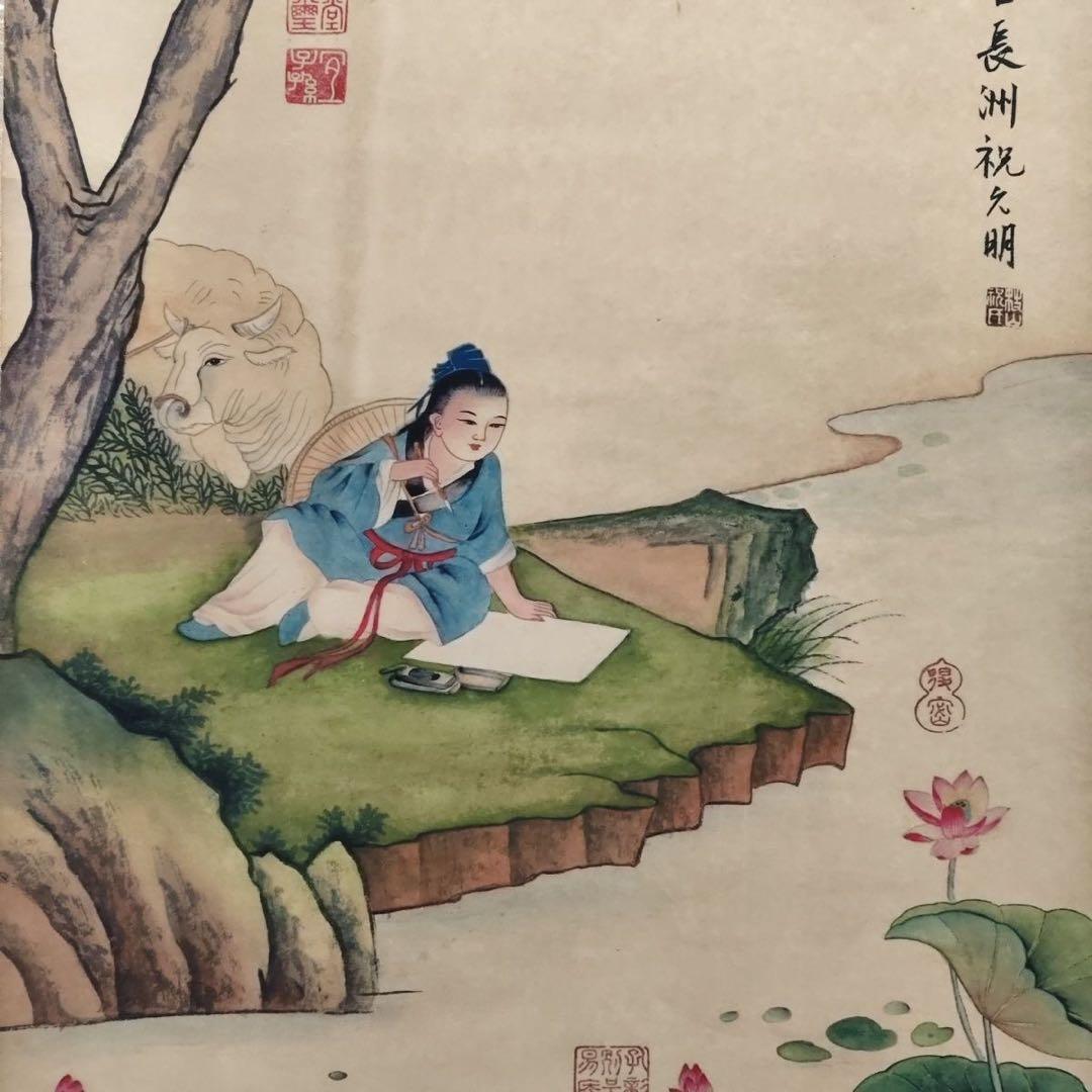 中国掛軸 祝允明 人物観蓮図 中堂掛け軸 中国画 人物画 宣紙装裱 インテリア
