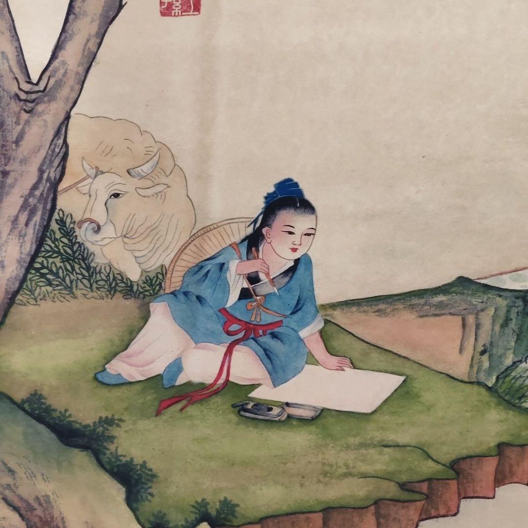 中国掛軸 祝允明 人物観蓮図 中堂掛け軸 中国画 人物画 宣紙装裱 インテリア