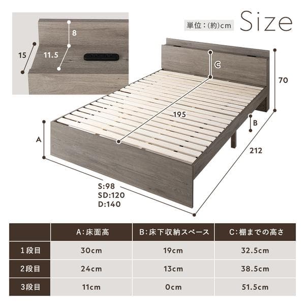 ベッド シングル ベッドフレームのみ ブラウン 高さ調整可 宮付 すのこ