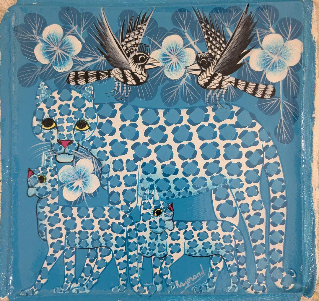 ●アフリカの絵画、ティンガティンガ、レオパード、ライトブルー、20×20cm
