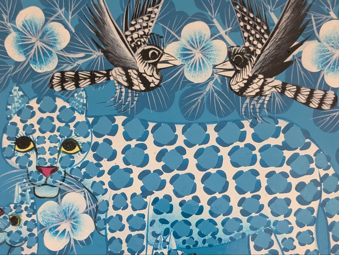 ●アフリカの絵画、ティンガティンガ、レオパード、ライトブルー、20×20cm