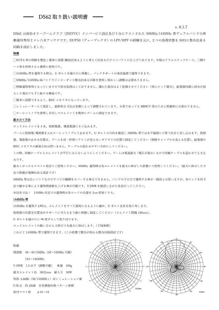 SOTA用にコンパクト50/144MHz帯デュアルバンド2エレメント八木DS62