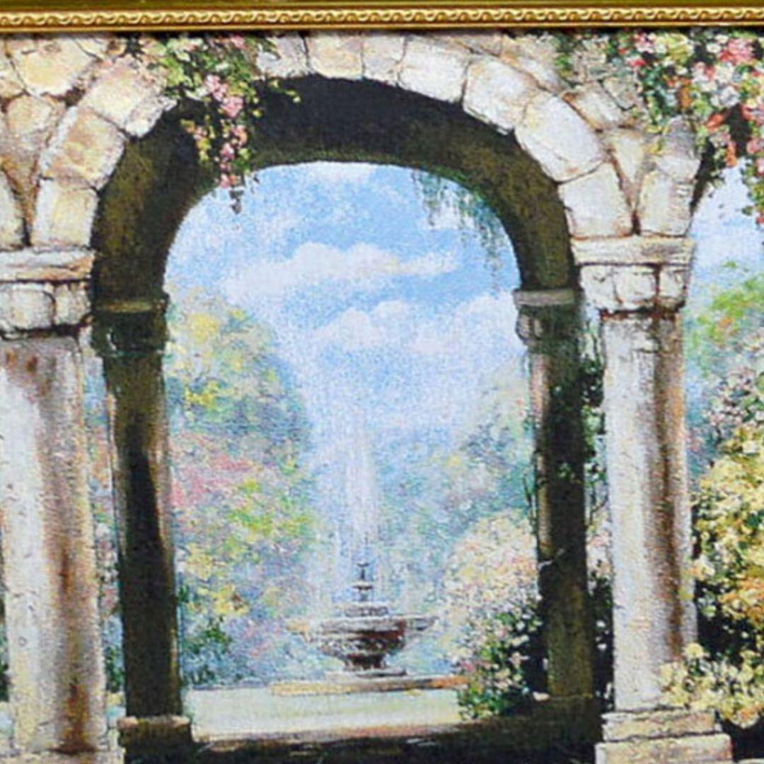 絵画　『噴水のある風景』　フランス・ゴブラン織り使用　良質キャンバス　豪華　額絵