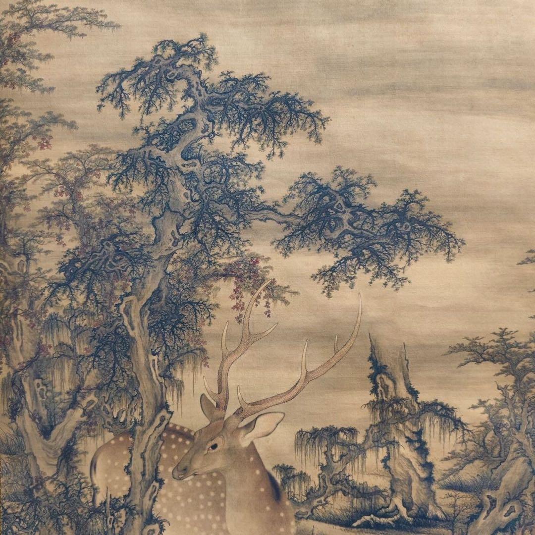 沈铨 瑞鹿图 中国画 掛け軸 水墨画 和室 玄関 茶室 壁掛け 美術品