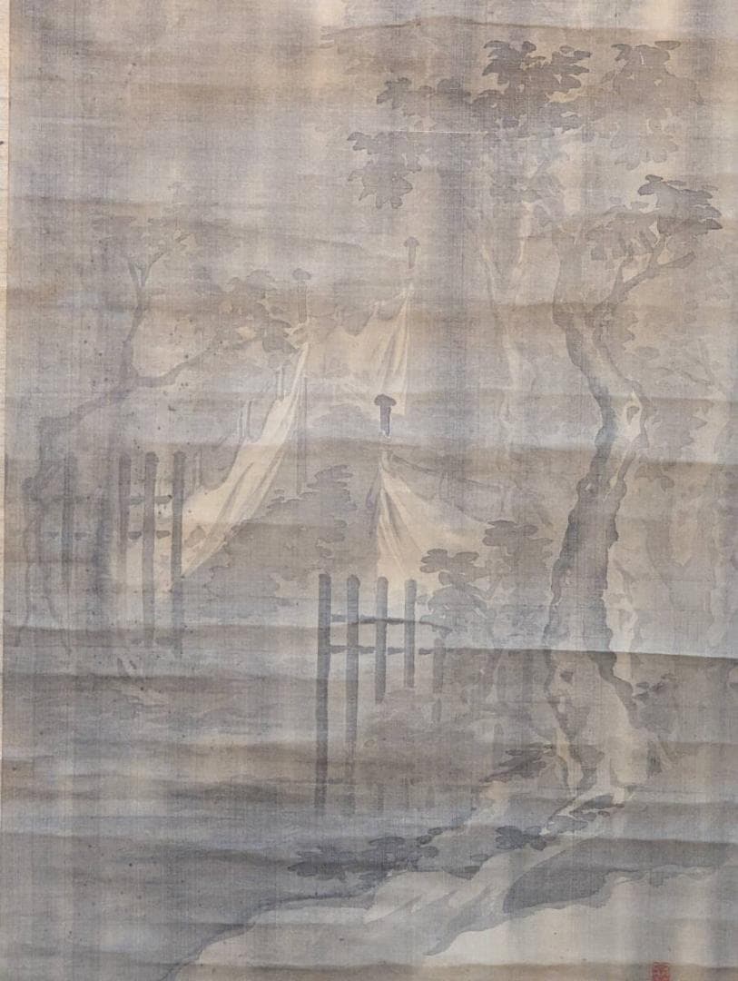 【真作】掛軸　山水図　淡墨の幽趣漂う文人画風作品　静寂の美　水墨山水画　V54