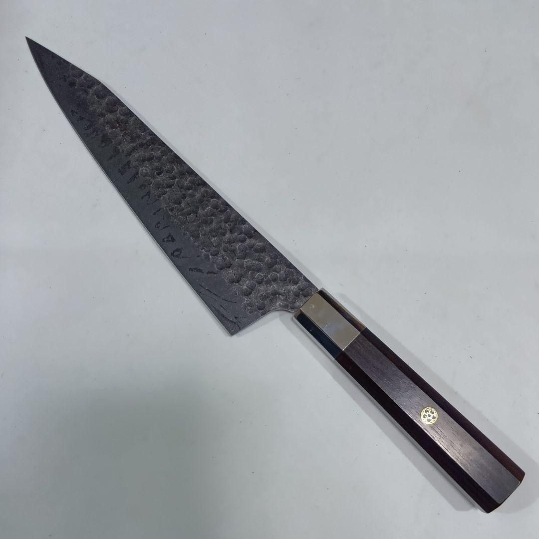 槌目 鍛造 440C 高炭素鋼ステンレス 黒染め 切付 牛刀 21cm黒檀八角柄