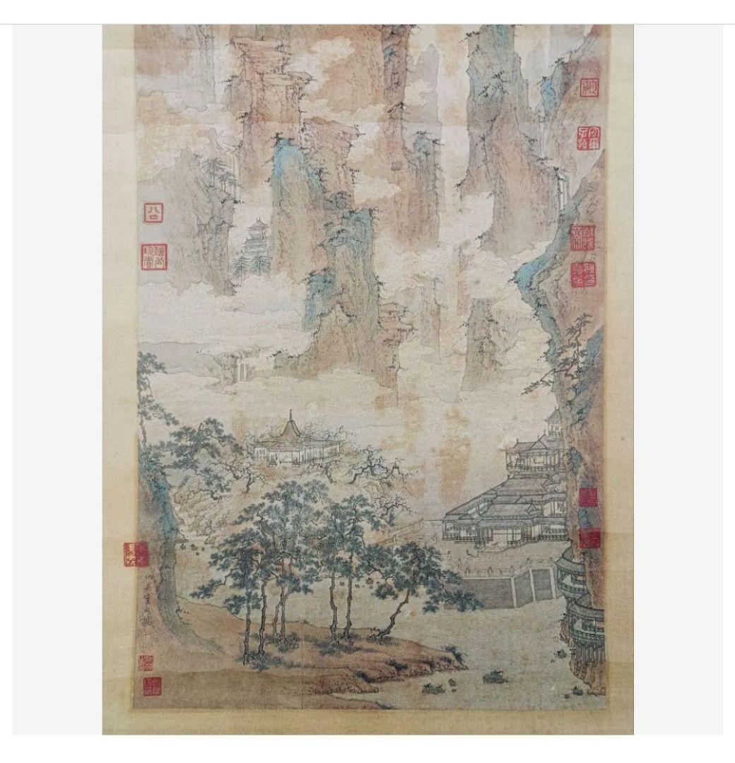 レア 明仇英 仙山樓閣圖 仙山楼閣図 中国掛け軸 美術工芸品