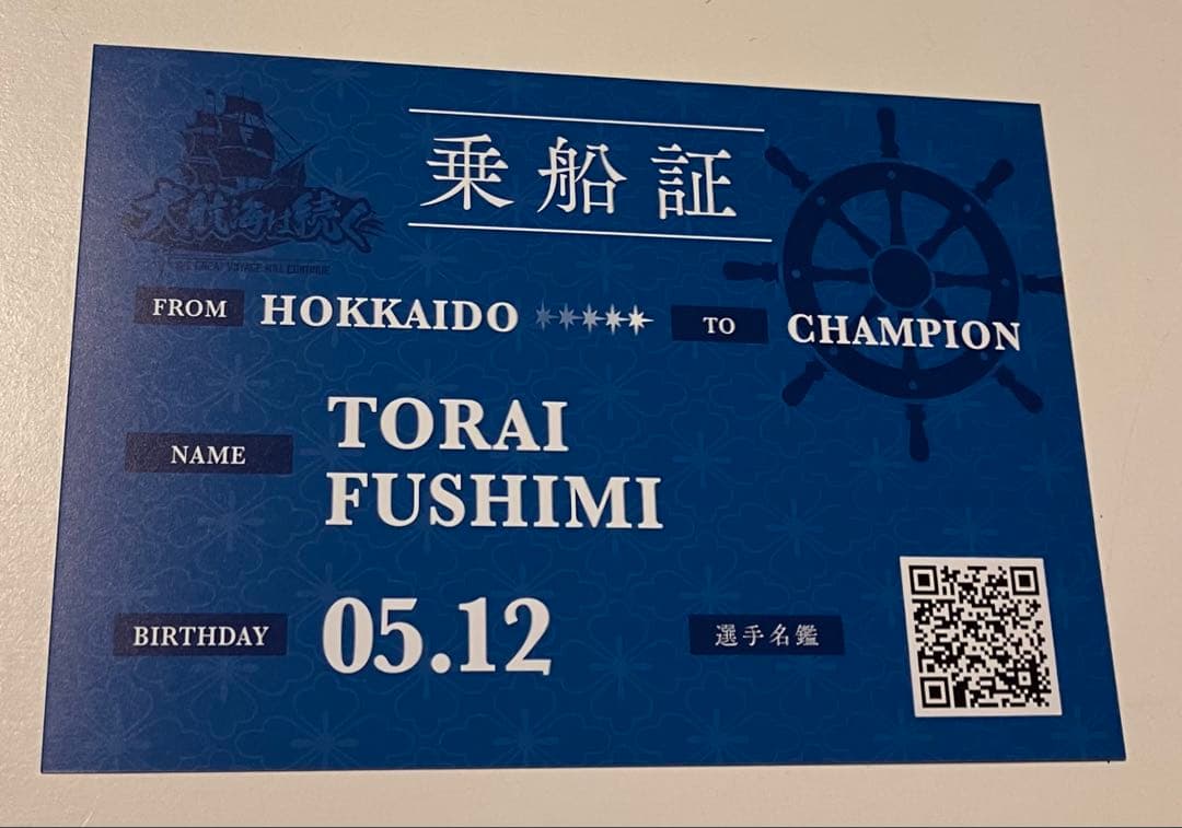 日本ハムファイターズレプリカユニフォーム　ビジター（無地※背番号無）＆乗船証