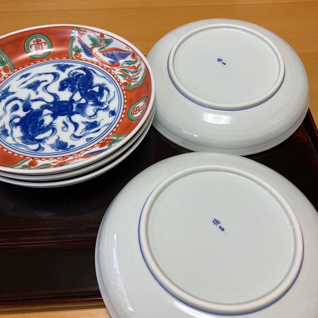 【未使用】たち吉　間取赤絵　獅子鳳凰丸紋　中皿　盛り皿　5P