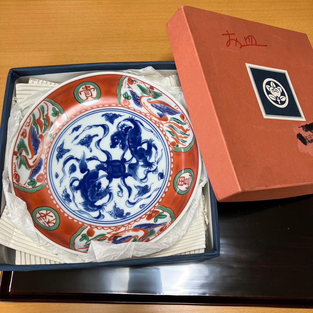 【未使用】たち吉　間取赤絵　獅子鳳凰丸紋　中皿　盛り皿　5P