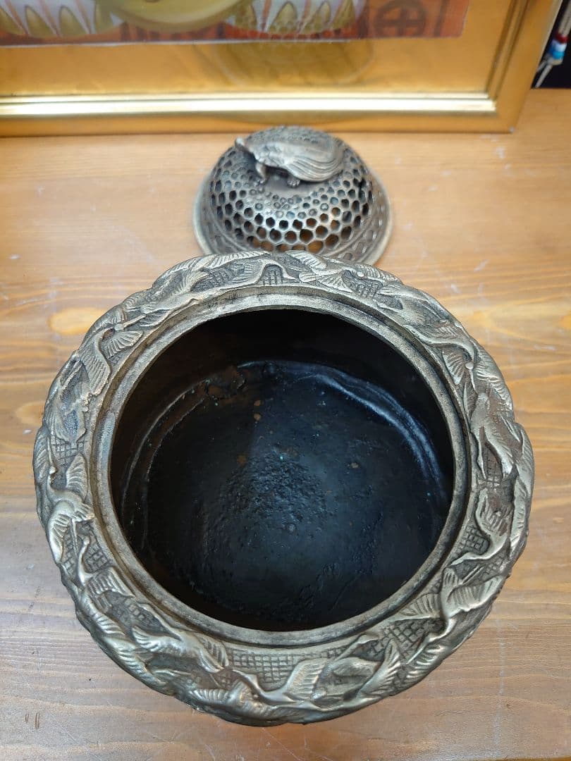 開運 縁起物 千羽鶴 亀 龍香炉  白銅製（洋銀）大明年製