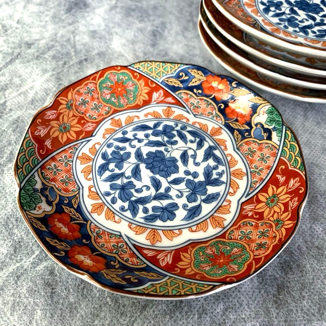 有田焼 林斎 古伊万里 色絵　赤絵　金彩　捻り吉祥紋　小皿 五枚