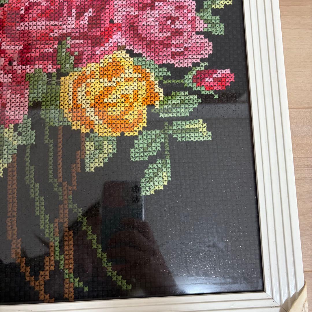レトロ 刺繍 絵 クロスステッチ 薔薇 ビンテージ 古道具 蚤の市 骨董市