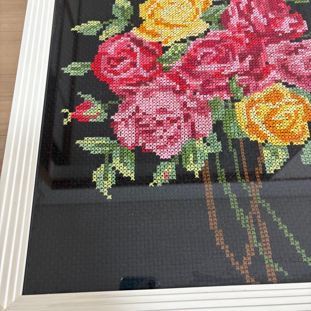 レトロ 刺繍 絵 クロスステッチ 薔薇 ビンテージ 古道具 蚤の市 骨董市