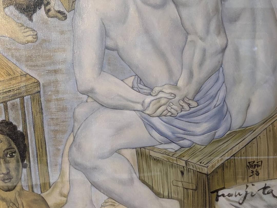 【模写】絵画　藤田嗣治　アクリル画　乳白色の裸婦と猫のいる幻想的構図　W58