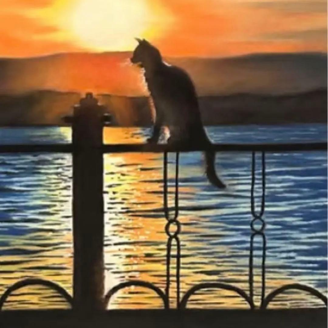 猫の向こうに沈む夕陽 パステル画 原画