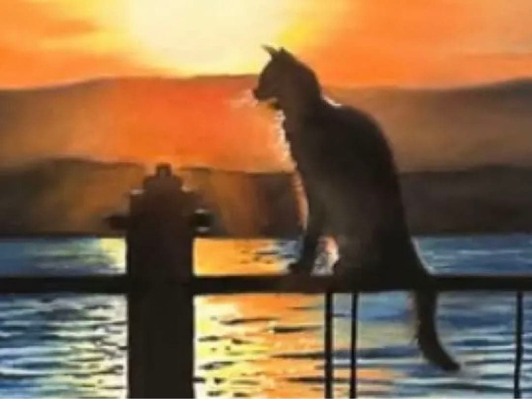 猫の向こうに沈む夕陽 パステル画 原画