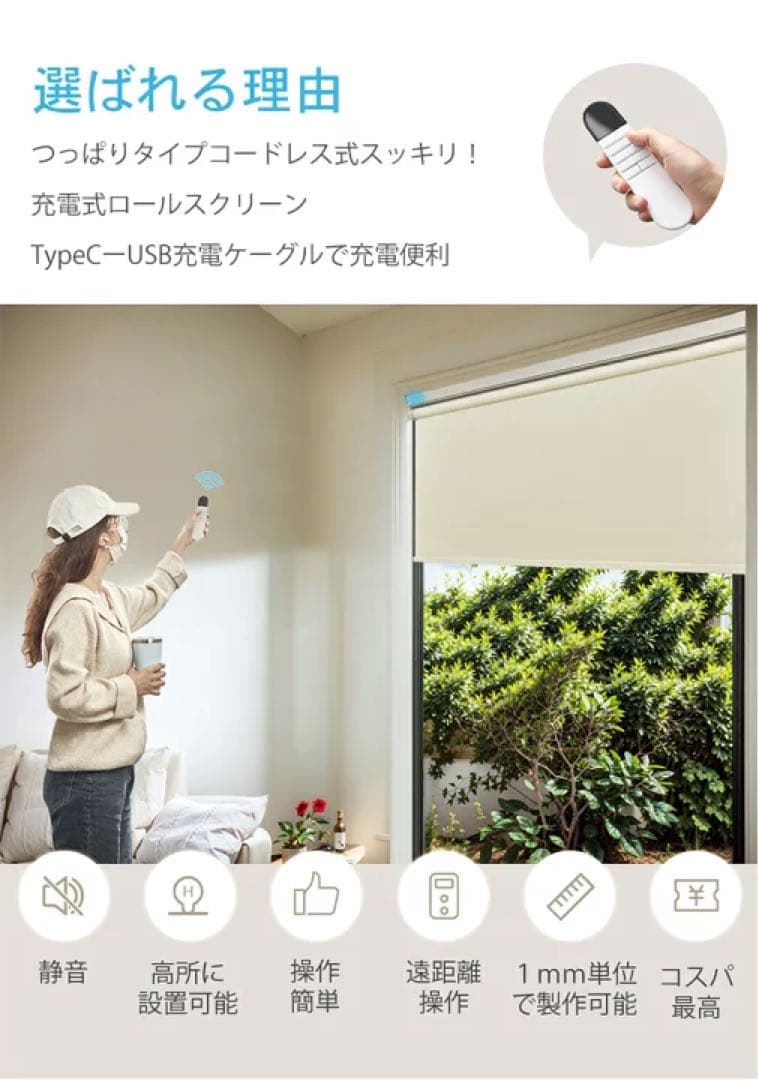 KeeGo 電動式ロールスクリーン 突っ張り 幅約60cm 2個セット
