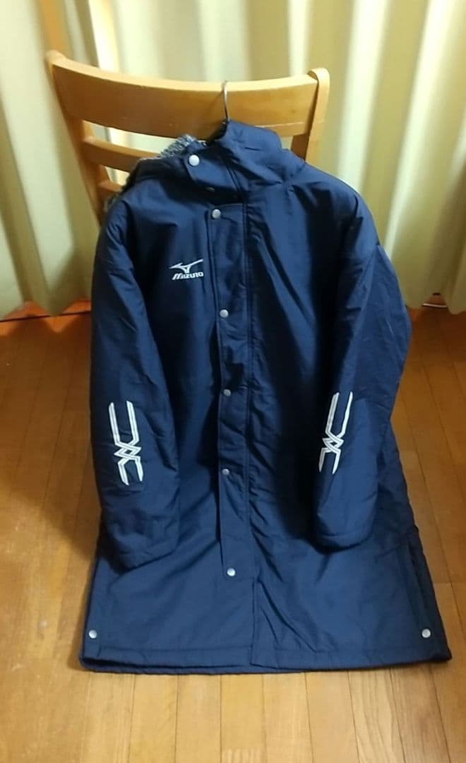 美品ミズノMizuno フード付きネイビー メンズベンチコート ロングコート
