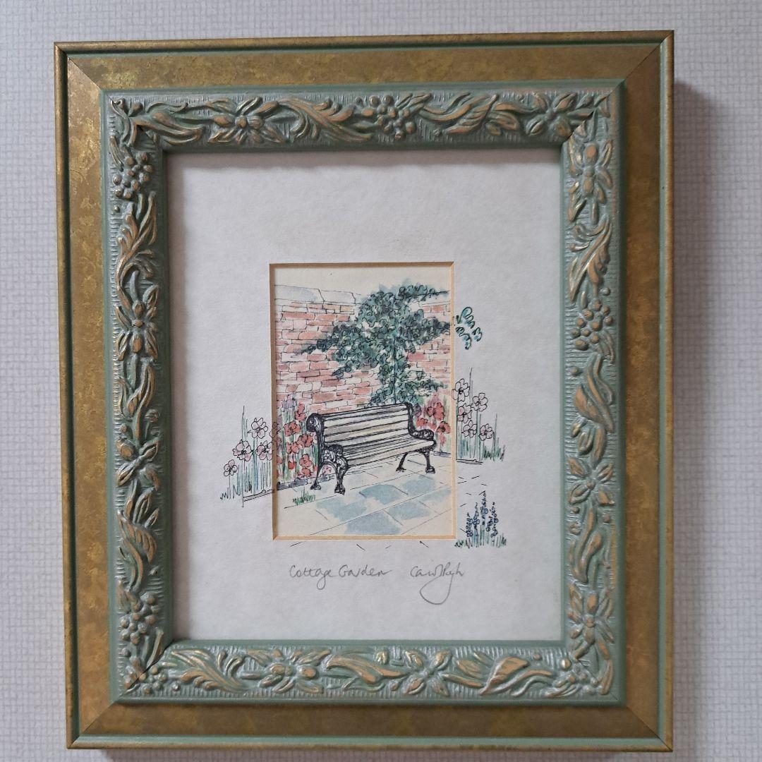 花とベンチ　水彩画
