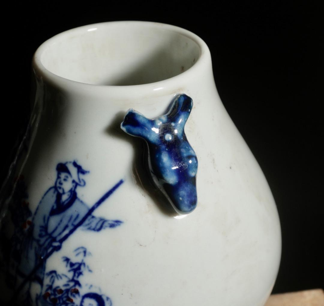 中古 青花 釉里紅 人物図 鹿耳小瓷尊 小壺 中国美術 CL0037