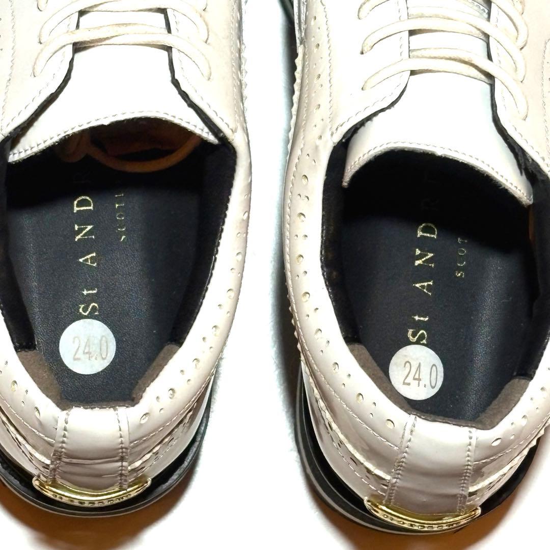 セントアンドリュース エナメル厚底スパイクレスゴルフシューズ24.0（ホワイト）