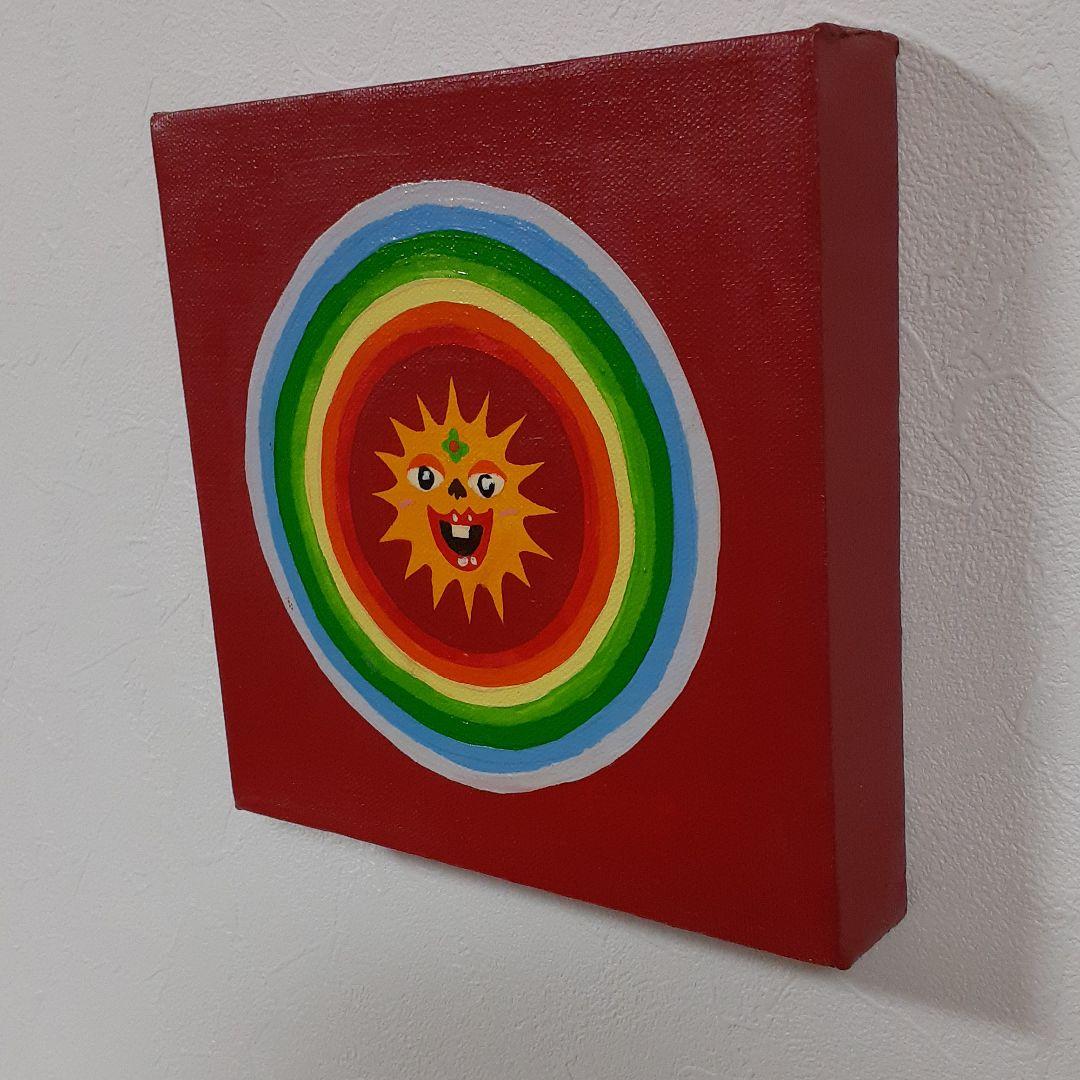 ハッピー太陽と虹　キャンバス　20×20cm　油絵　小楠アキコ作品