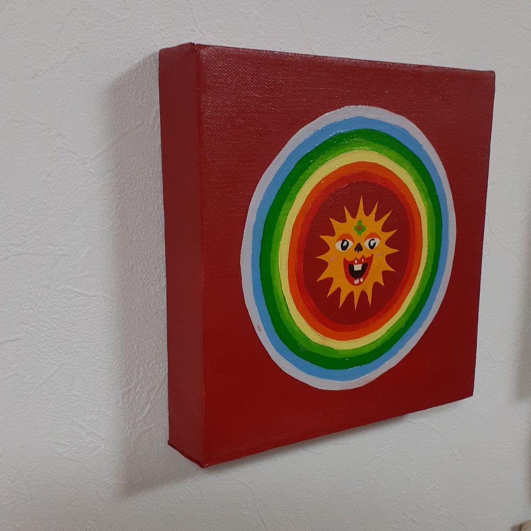 ハッピー太陽と虹　キャンバス　20×20cm　油絵　小楠アキコ作品