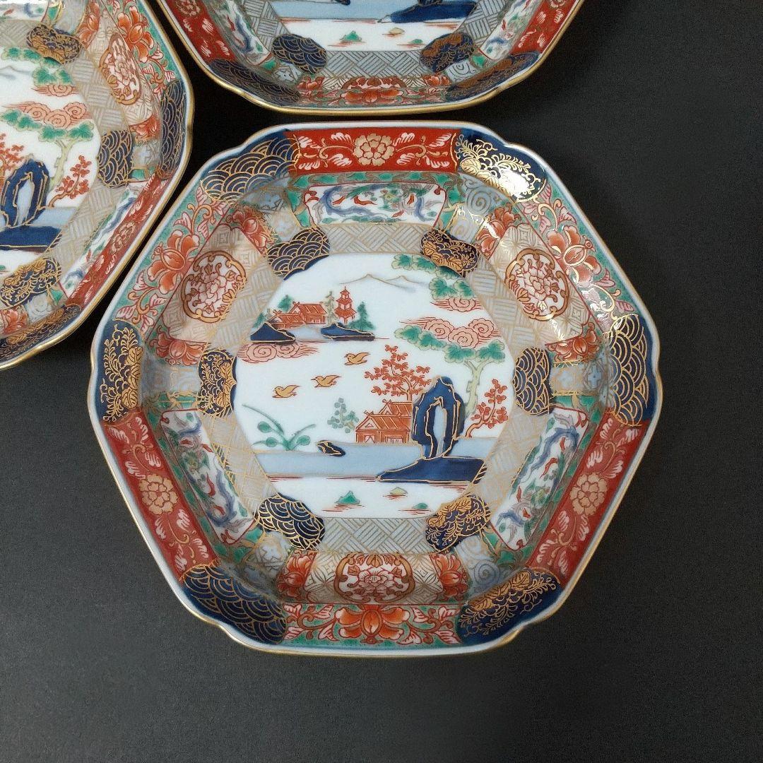 未使用品 有田焼 幸楽窯 錦色絵山水 銘々皿 中皿 六角皿 14㎝ 古伊万里文