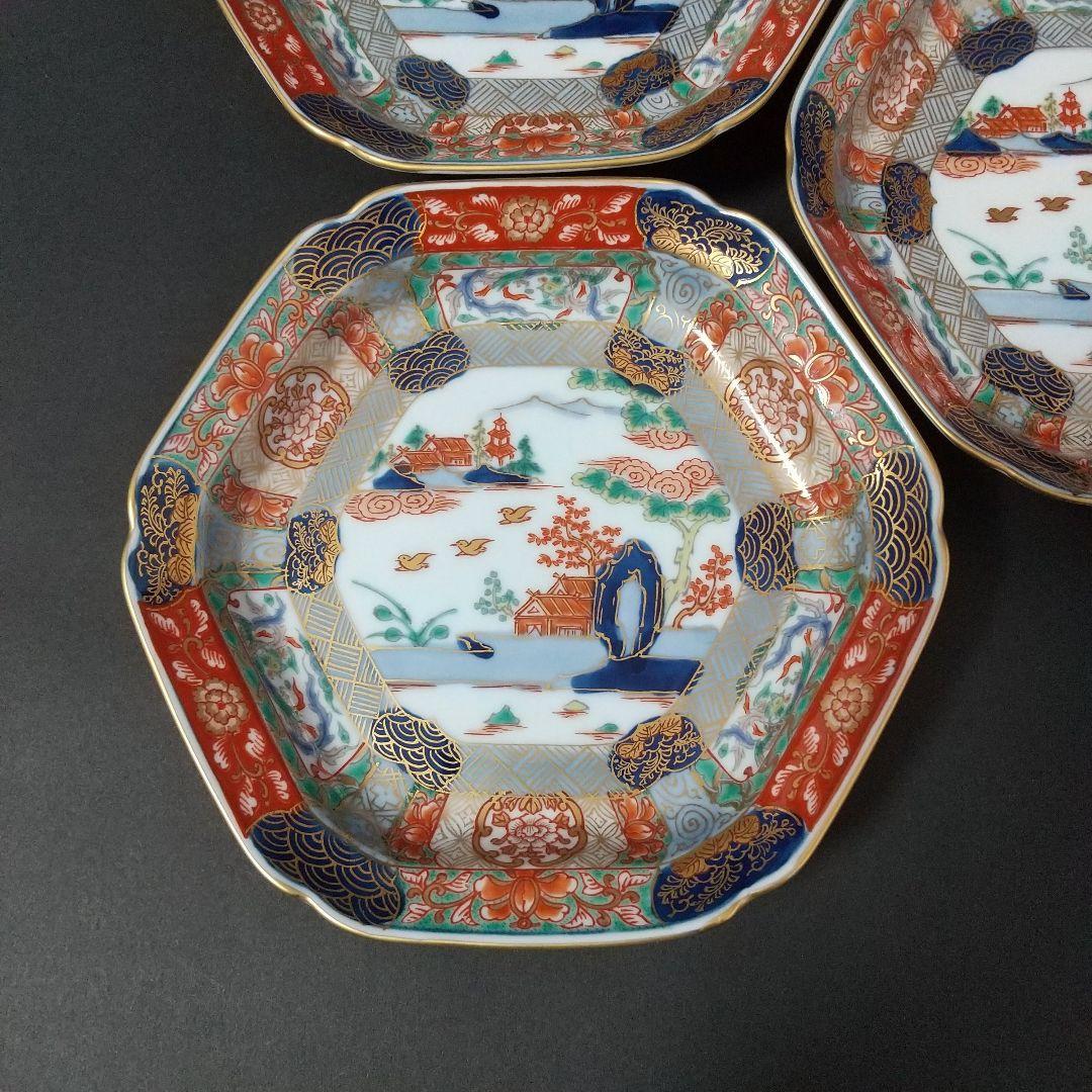 未使用品 有田焼 幸楽窯 錦色絵山水 銘々皿 中皿 六角皿 14㎝ 古伊万里文
