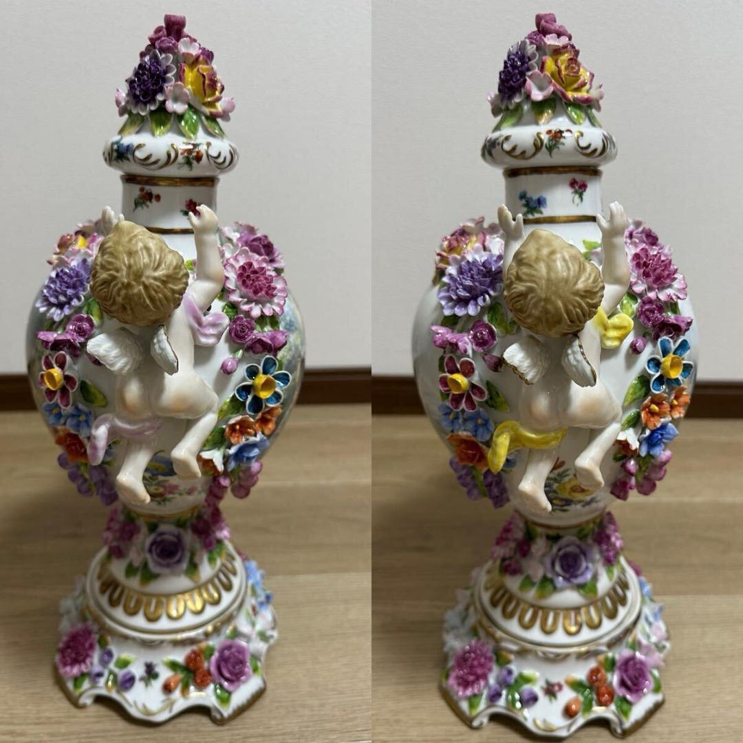 マイセン 色絵金彩 細密細工 手描き画天使 花蓋付飾り壷 花瓶 高さ43cm