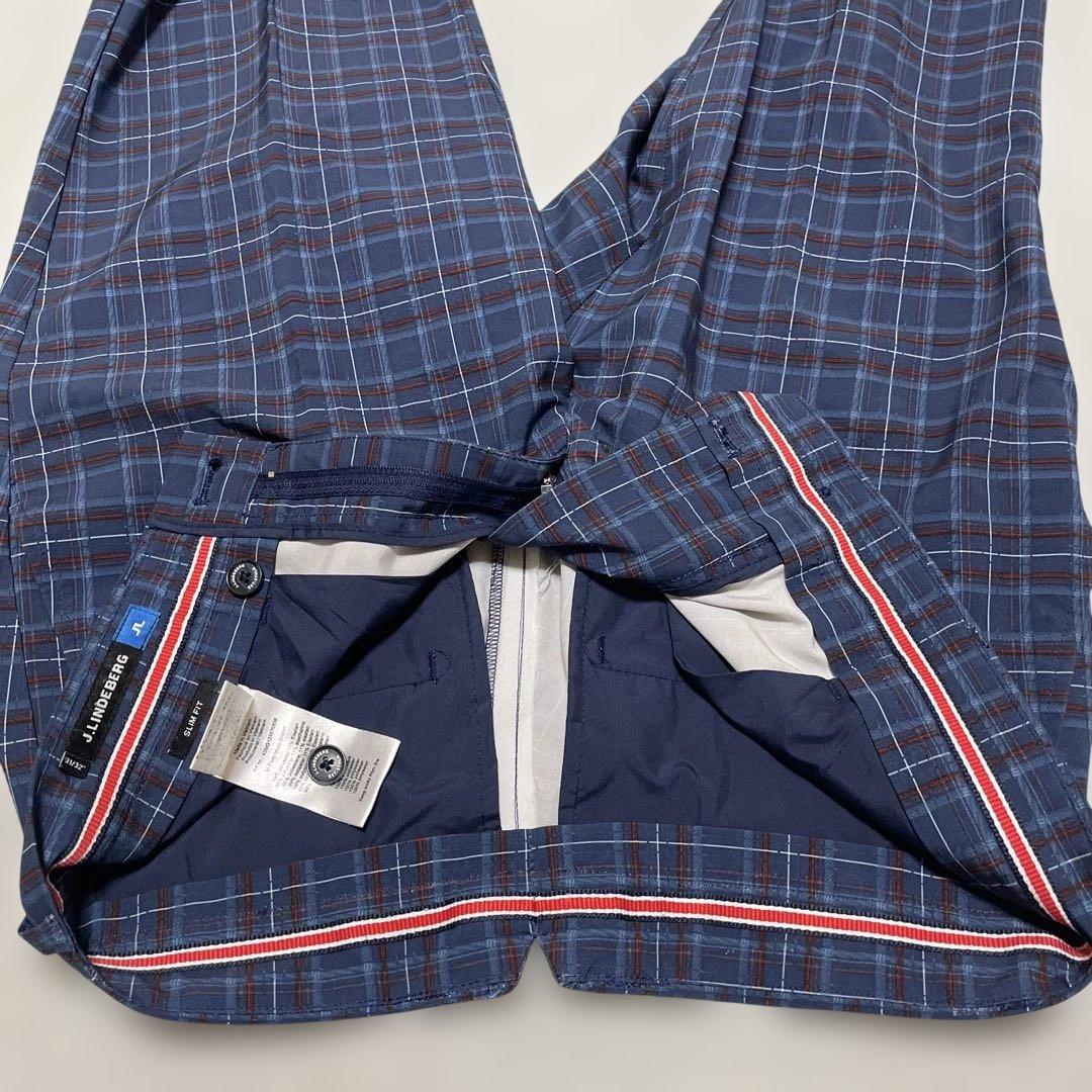 美品 J.LINDEBERG ネイビーチェック柄 スリムフィット ゴルフパンツ