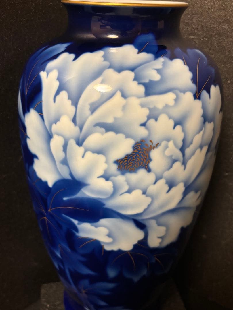 Yuki　深川製磁花瓶　瑠璃牡丹ルリ金彩　特大飾り壺１４号花生　台付