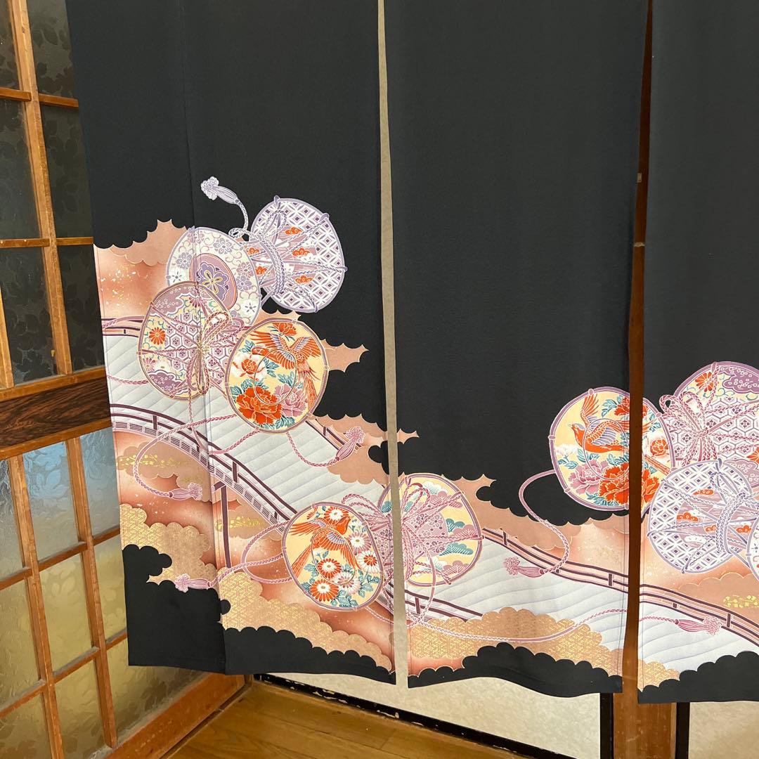 黒のれん 花柄 和風模様