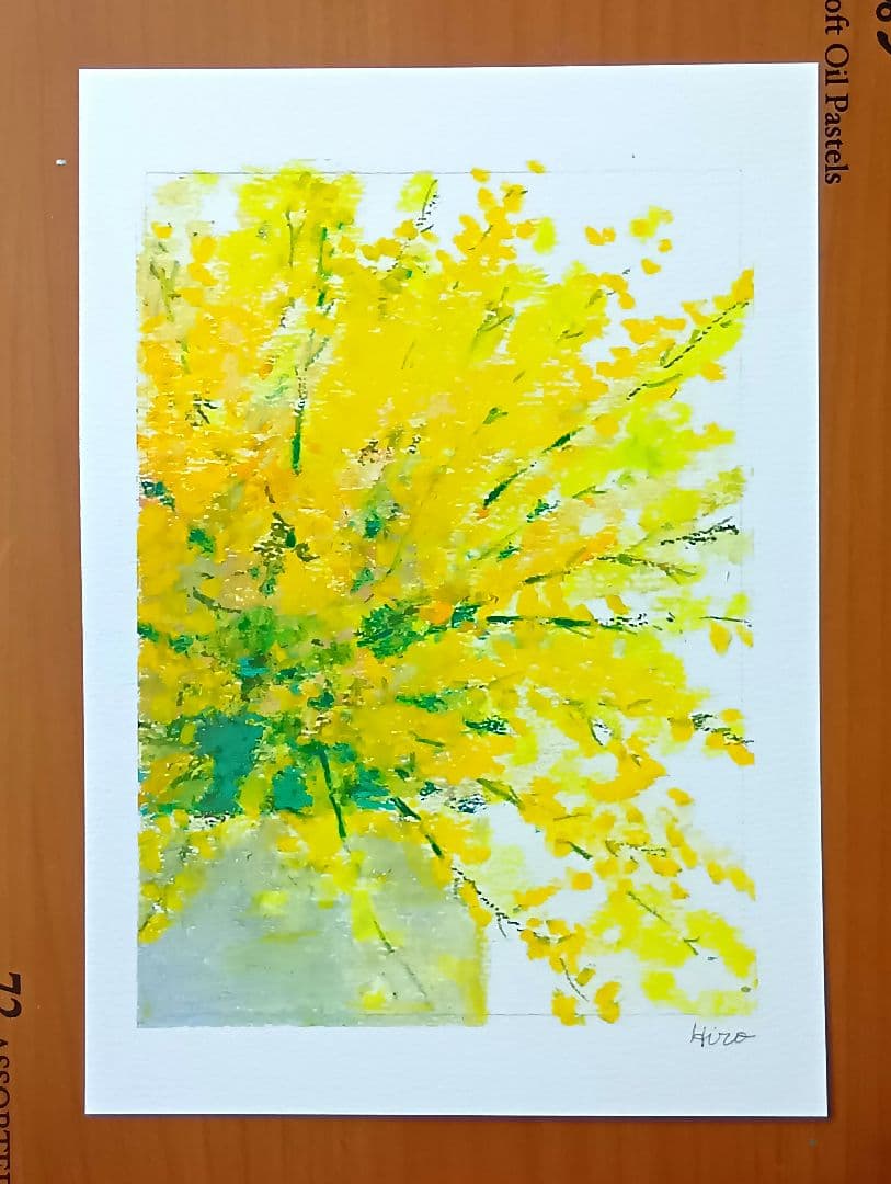 オイルパステル原画　黄色の花　2Lサイズ【額付き】