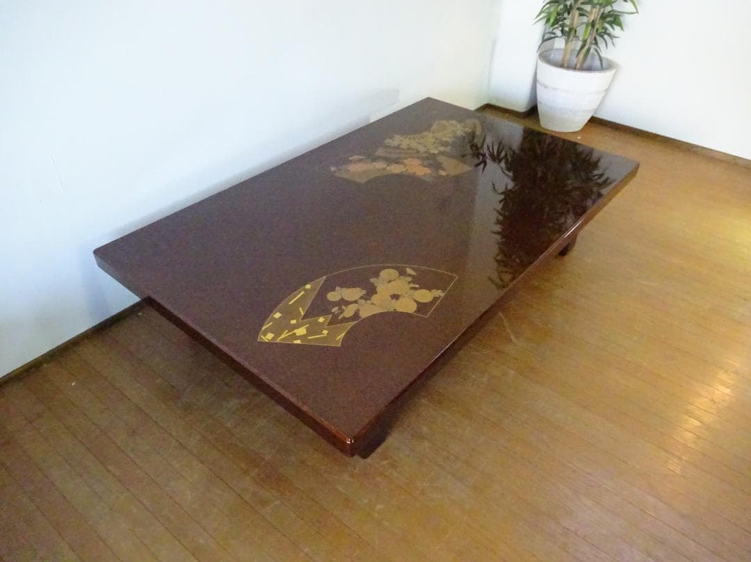 伝統工芸　輪島塗　座卓　梨地　蒔絵　扇　四君子図　展示美品