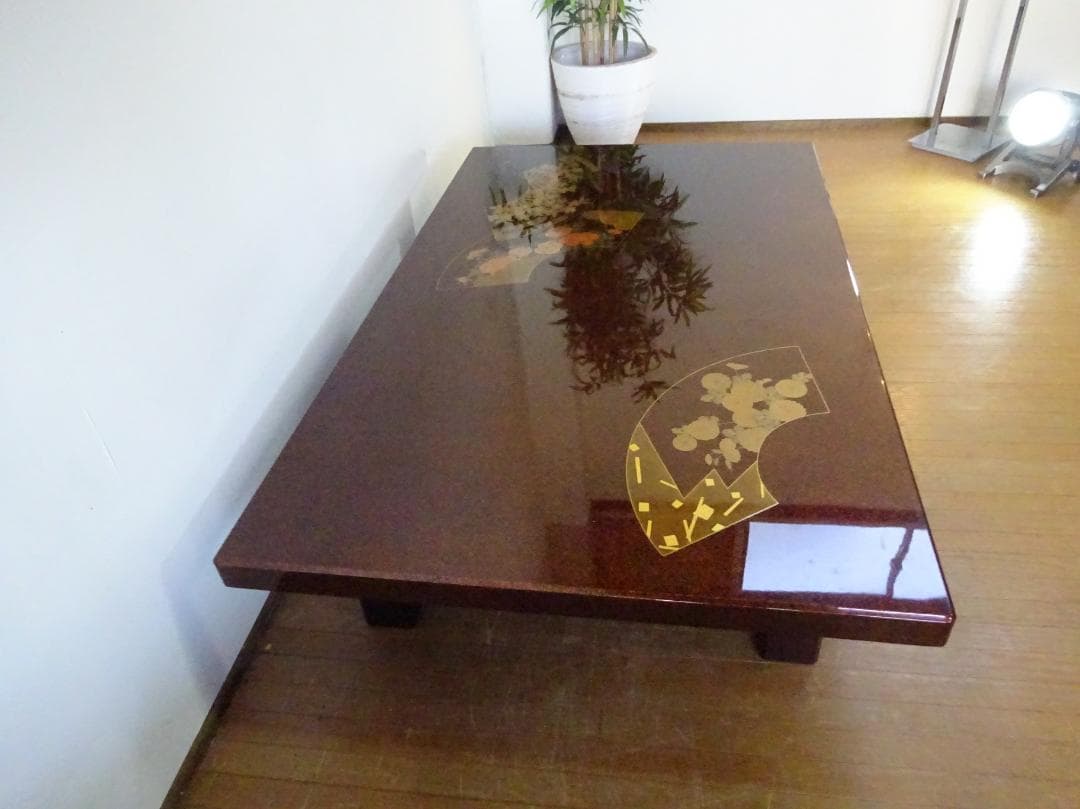 伝統工芸　輪島塗　座卓　梨地　蒔絵　扇　四君子図　展示美品