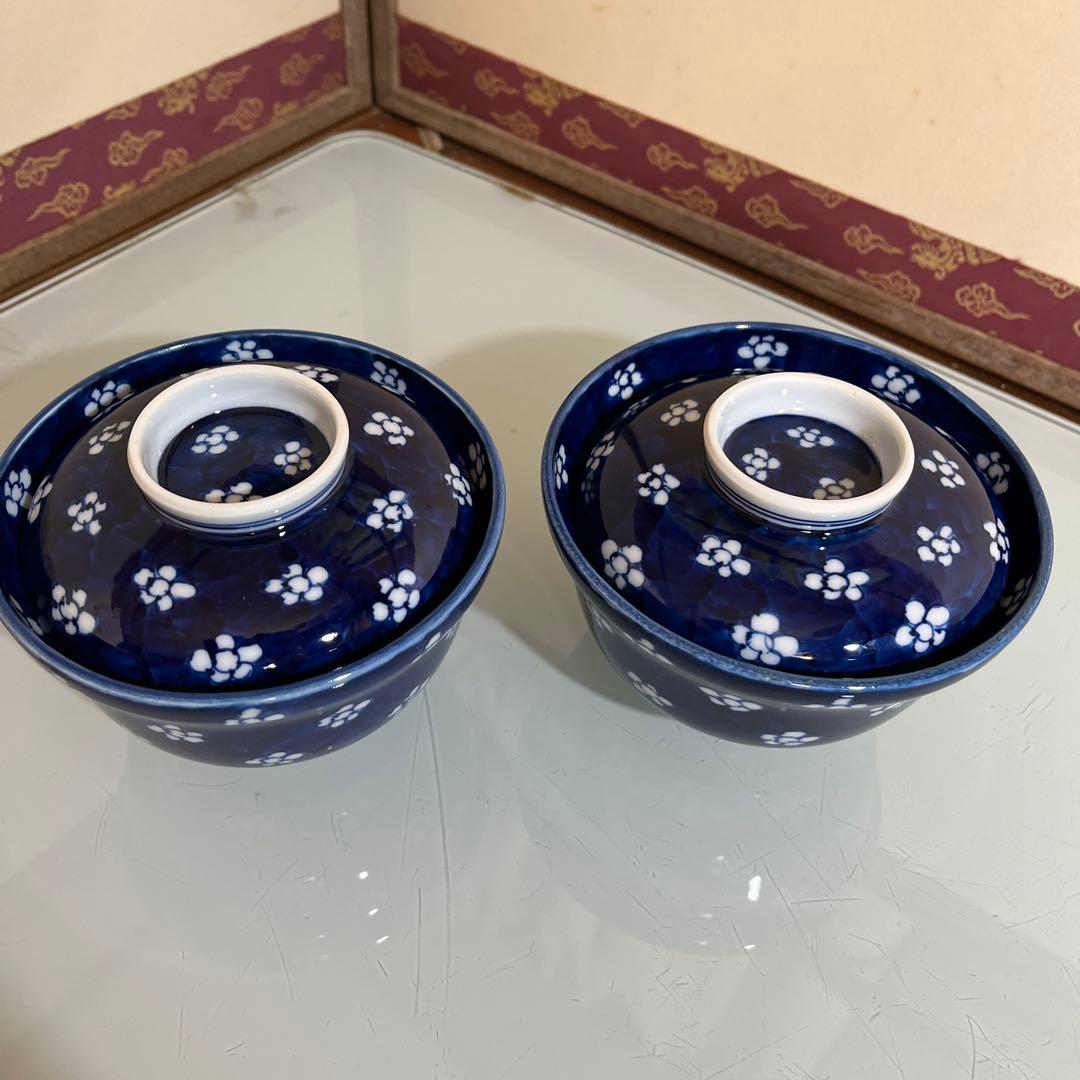 源右衛門　染付梅花濃絵　松竹梅蓋付向付丼2ケ 有光堂
