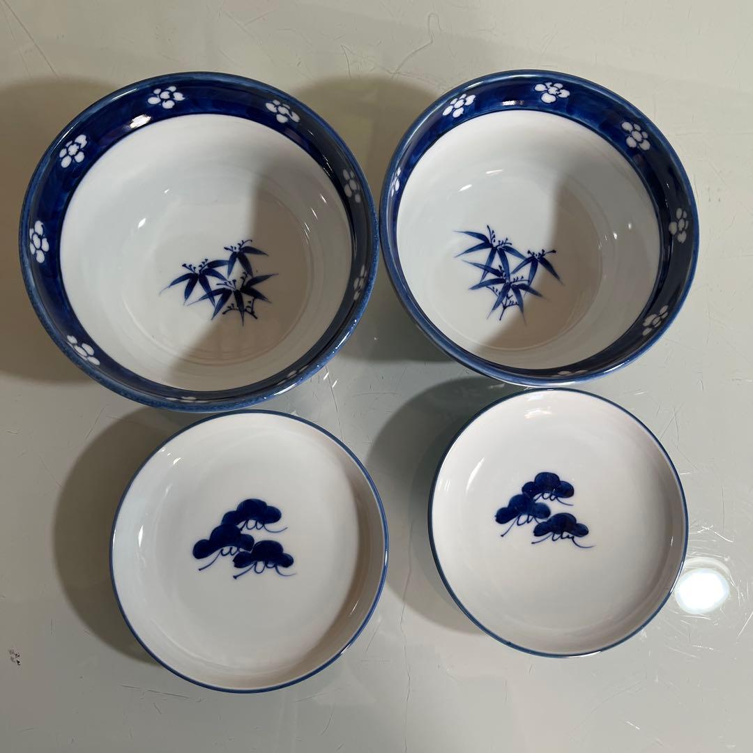 源右衛門　染付梅花濃絵　松竹梅蓋付向付丼2ケ 有光堂