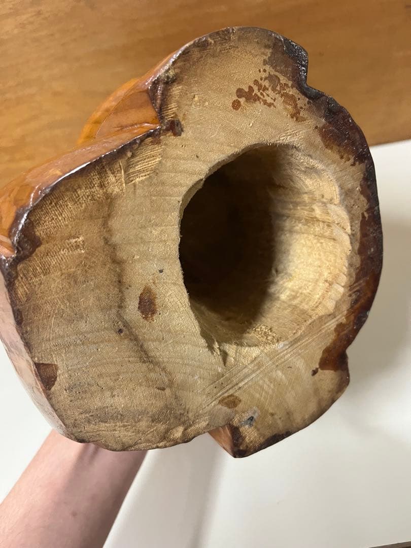木彫り お福さん　高さ約27.5cm 横幅あり 福相 縁起物 置物　【匿名配送