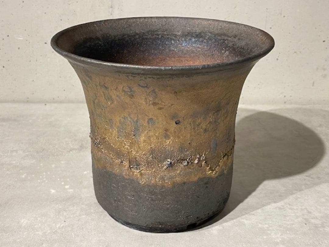 美品◾️KAMIYAMAかみ山陶器 信楽焼植木鉢◾️金彩/金窯変深ソリ/OOSORI