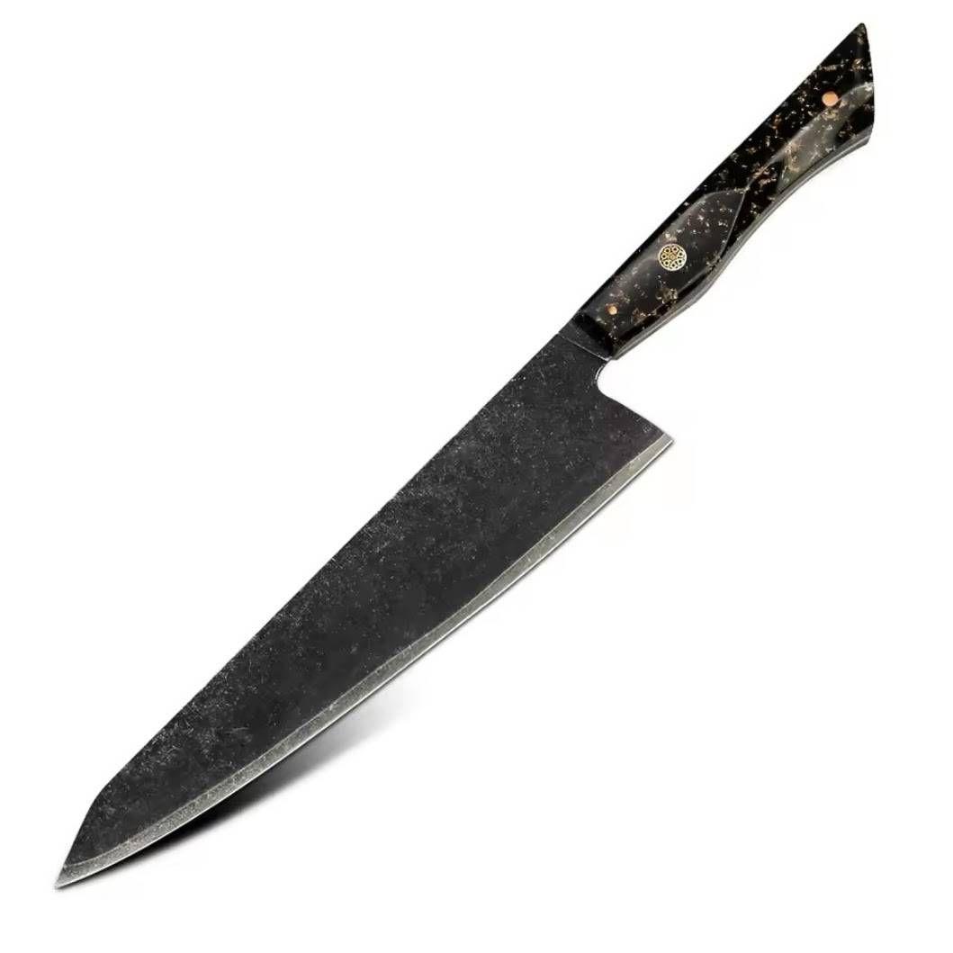 V金10号 ７層ダマスカス鋼 黒染め 切付 牛刀 23cm 包丁 黒金箔G10柄