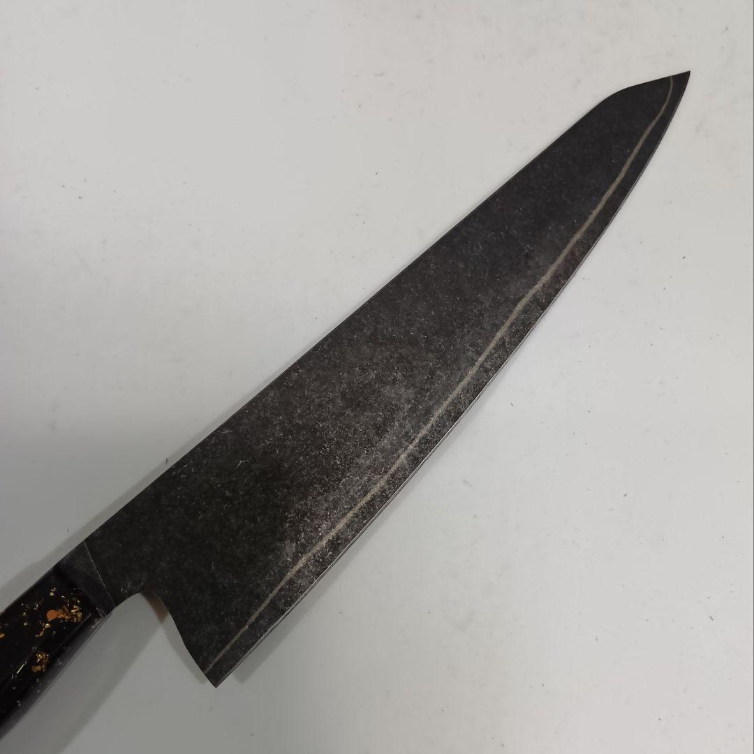 V金10号 ７層ダマスカス鋼 黒染め 切付 牛刀 23cm 包丁 黒金箔G10柄