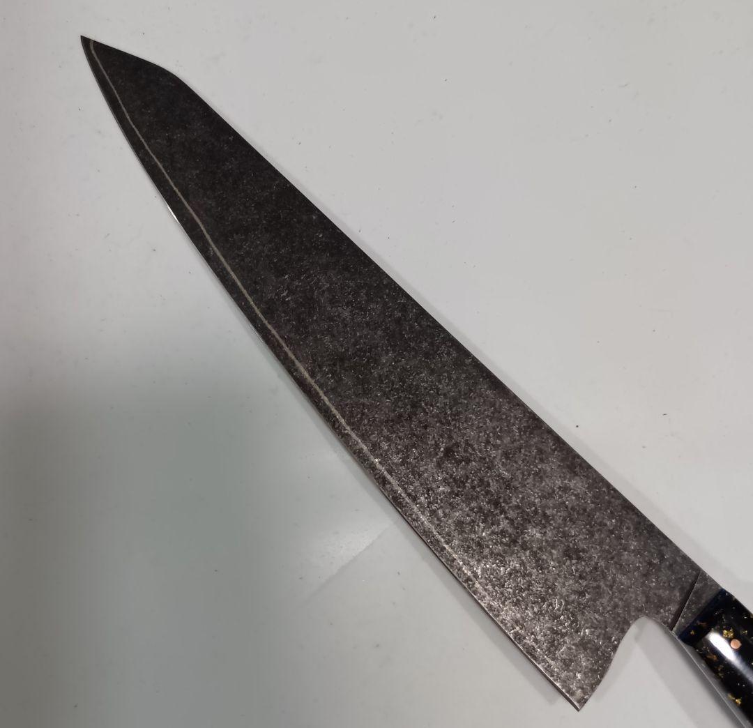 V金10号 ７層ダマスカス鋼 黒染め 切付 牛刀 23cm 包丁 黒金箔G10柄