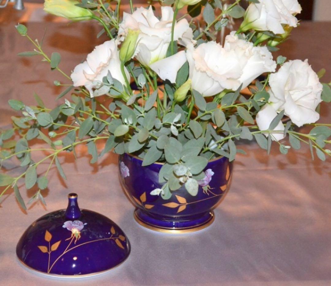 【美品】香蘭社 ネイビー　ルリ薔薇　キャンディーポット