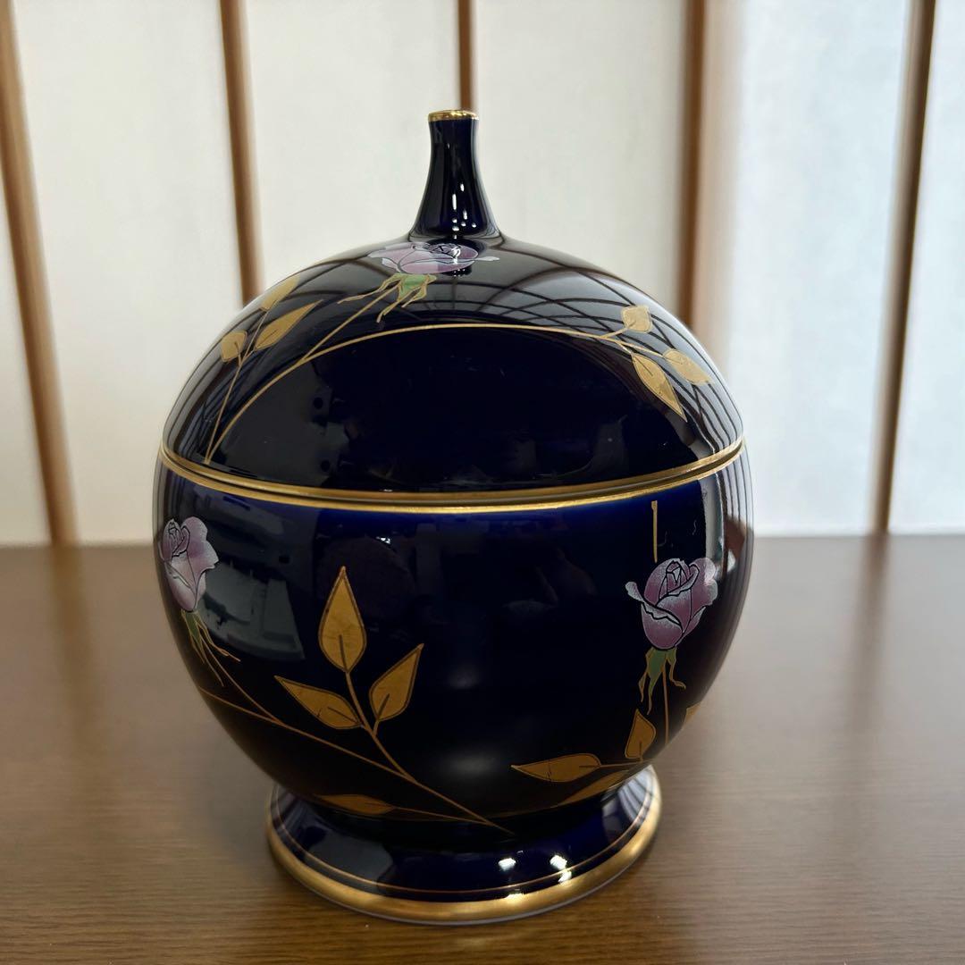 【美品】香蘭社 ネイビー　ルリ薔薇　キャンディーポット