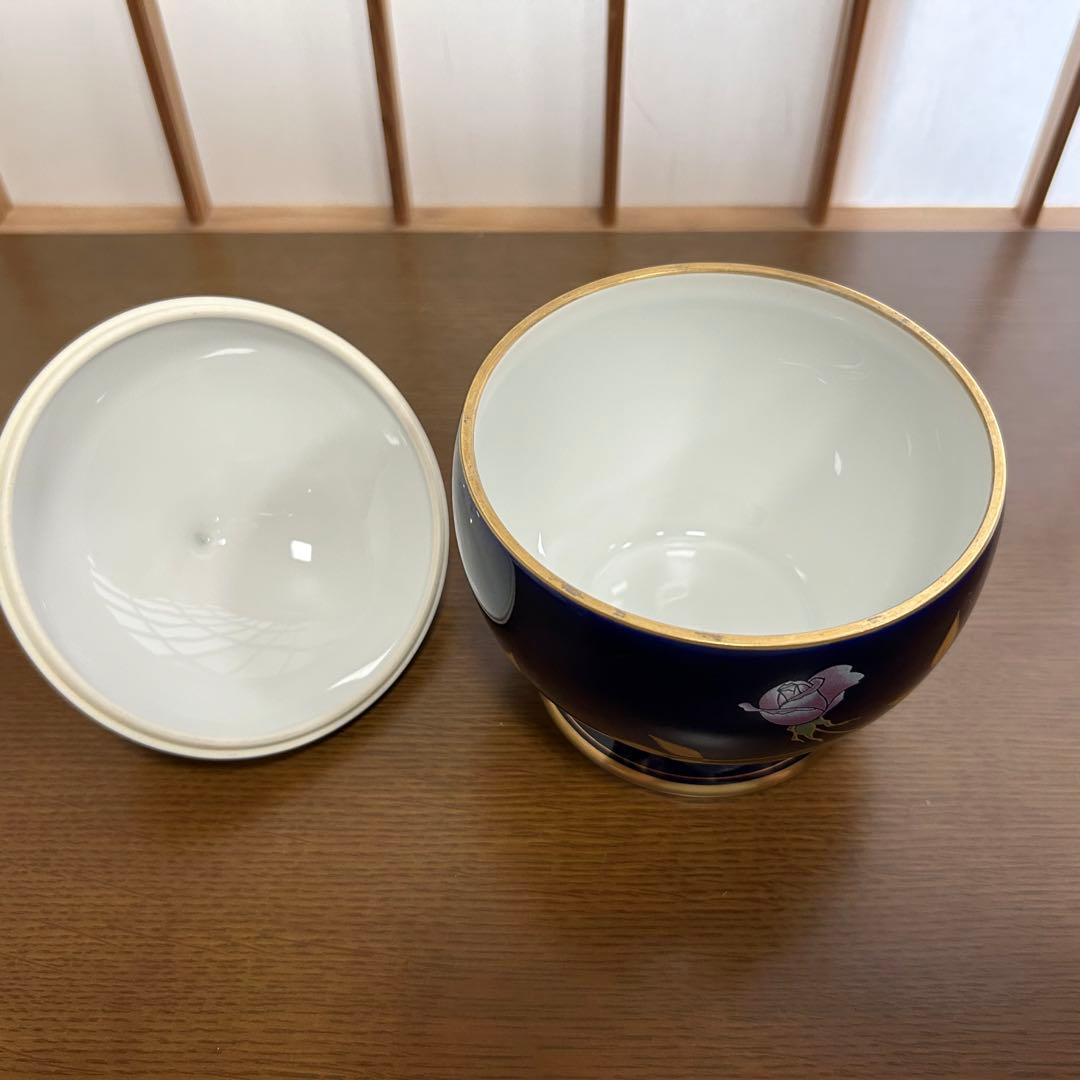 【美品】香蘭社 ネイビー　ルリ薔薇　キャンディーポット