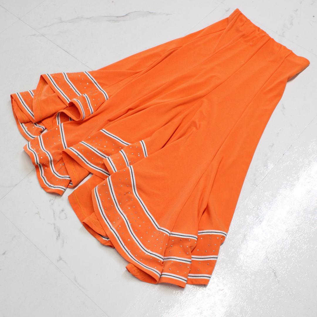 【美品 社交ダンス衣装】上下セット トップス スカート オレンジ 白 黒